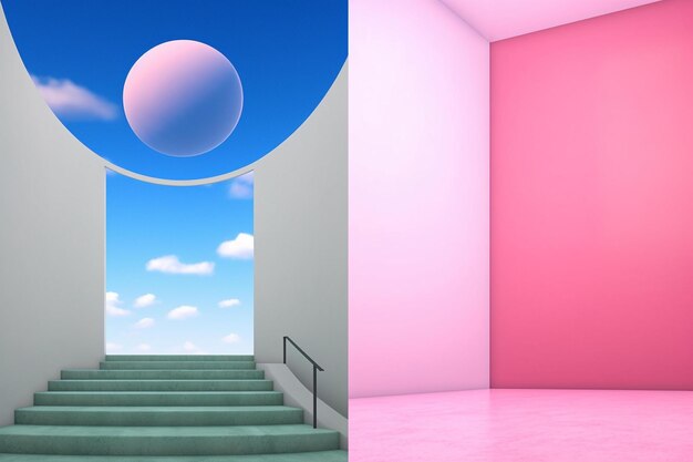 Een tekening van een planeet met een roze achtergrond en een roze muur met een blauwe cirkel erop.