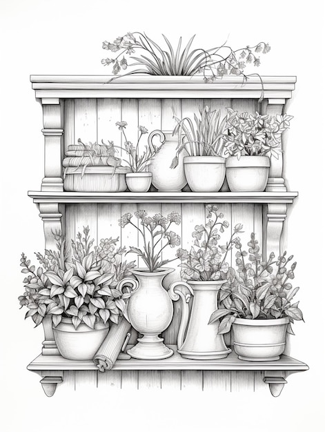 een tekening van een plank met potten en planten erop generatieve ai