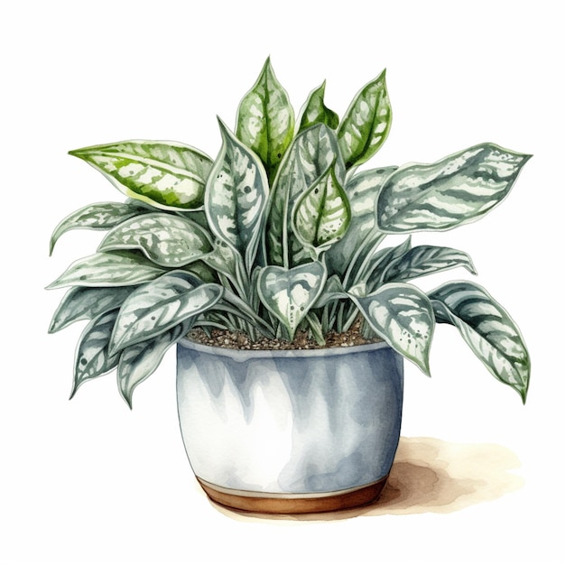 Een tekening van een plant met groene bladeren in een pot