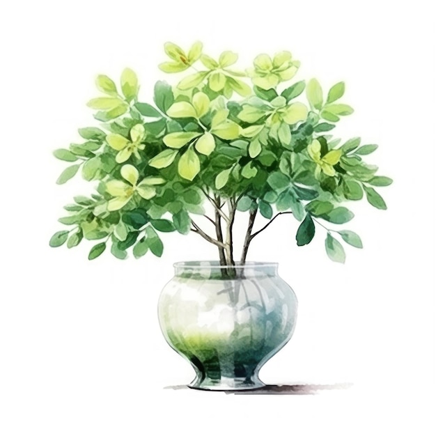 een tekening van een plant met groene bladeren in een vaas.