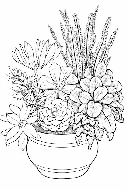 Een tekening van een pot vetplanten met bladeren en bloemen.