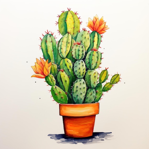 een tekening van een potcactus en bloemen.