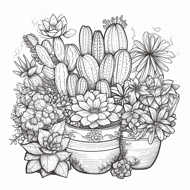 Een tekening van een potplant met bloemen en succulenten generatieve ai