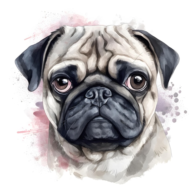 Een tekening van een pug hond met bruine ogen.