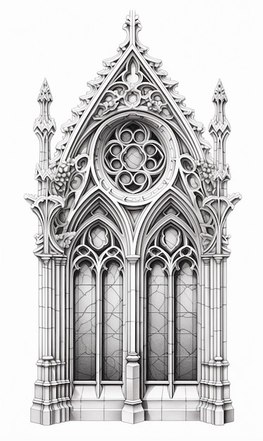 een tekening van een raam in gotische stijl met een kruis bovenaan generatieve ai