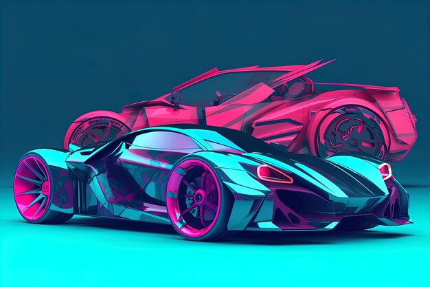 een tekening van een raceauto met een paarse achtergrond en een blauwe achtergrond