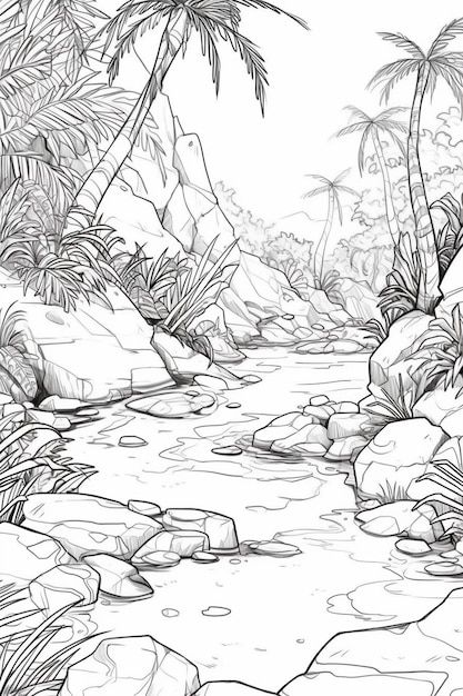 een tekening van een rivier omgeven door rotsen en palmbomen generatieve ai