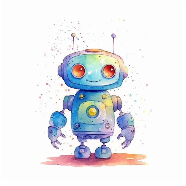 Een tekening van een robot die is beschilderd met aquarellen.