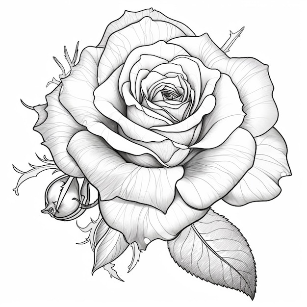 een tekening van een roos met bladeren en lieveheiden op generatieve ai