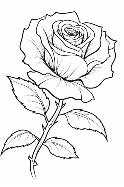 Foto een tekening van een roos met bladeren op een witte achtergrond generatieve ai