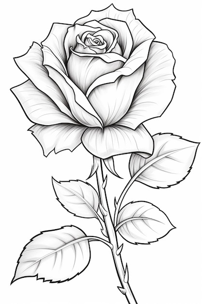 Foto een tekening van een roos met bladeren op een witte achtergrond generatieve ai