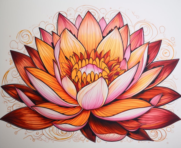 Een tekening van een roze en oranje lotusbloem met wervelingen eromheen.