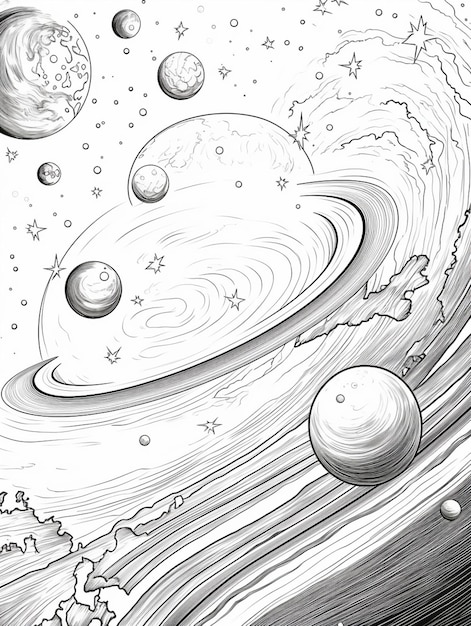 een tekening van een ruimtescène met planeten en sterren generatieve ai