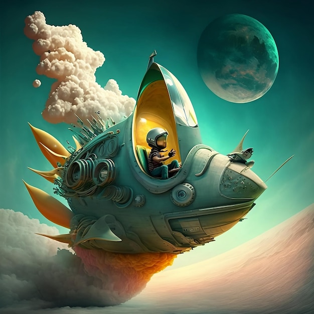 Een tekening van een ruimteschip met een man in een helm en een vis erop.