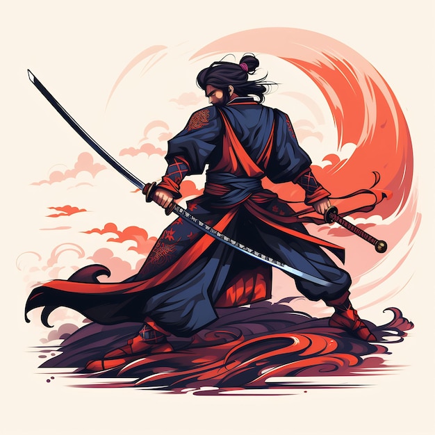Een tekening van een samurai met een zwaard en het woord quote he quote erop.