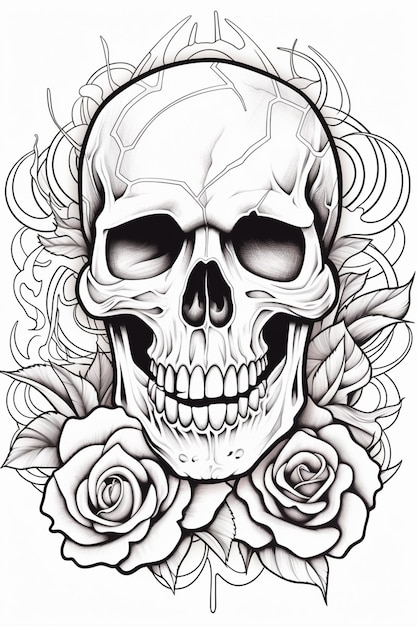 Foto een tekening van een schedel en rozen op een witte achtergrond generatieve ai
