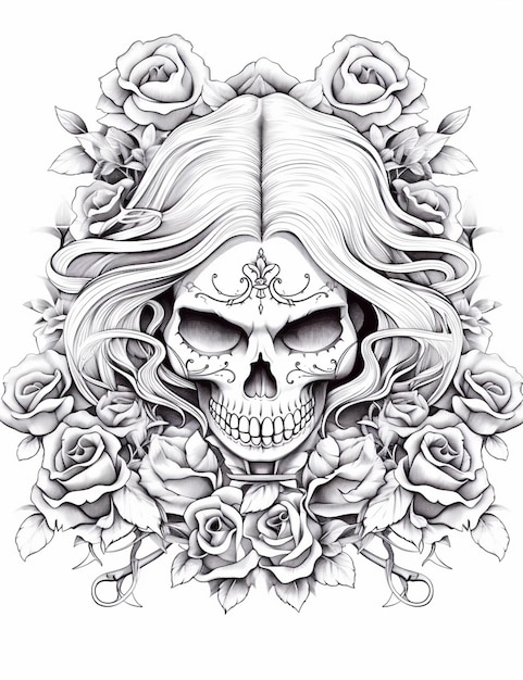 een tekening van een schedel met rozen eromheen generatieve ai