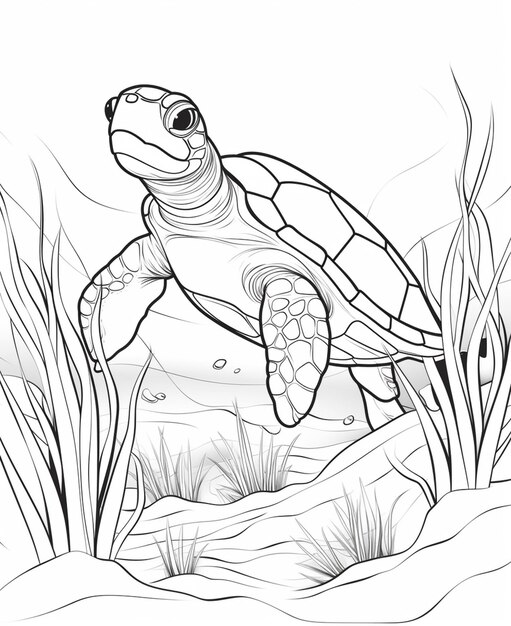 Een tekening van een schildpad die in de oceaan zwemt met planten generatieve ai