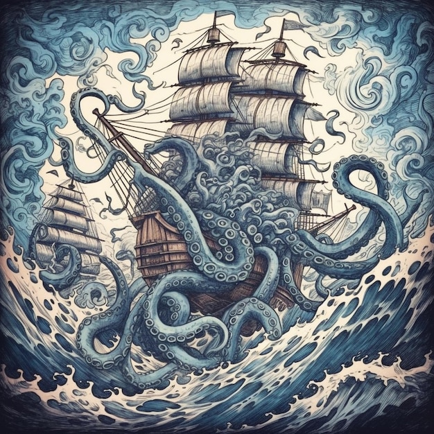 een tekening van een schip met een schip bovenaan en het woord octopus onderaan.