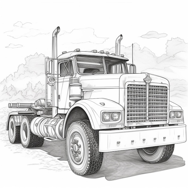 Foto een tekening van een semi-truck met een plat bed aanhangwagen generatieve ai