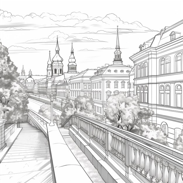 een tekening van een stad met een brug en een trein generatieve ai