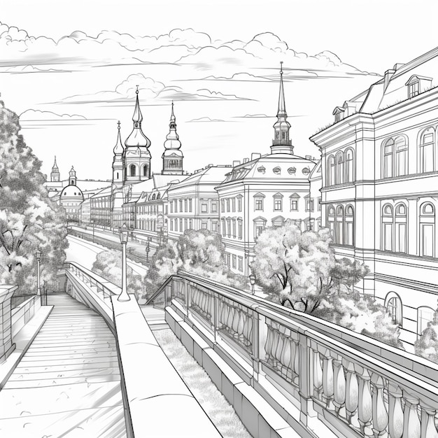 een tekening van een stad met een brug en een trein generatieve ai