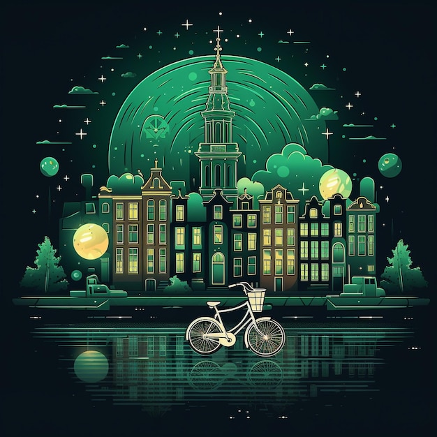 Een tekening van een stad met een fiets ervoor.