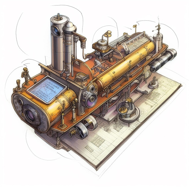 Een tekening van een stoommachine met een grote tank en een landkaart erop.