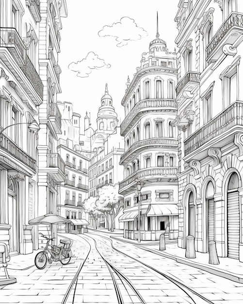 een tekening van een straat met een fiets en een wagen generatieve ai