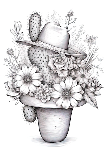 Foto een tekening van een strohoed met bloemen in een vaas.