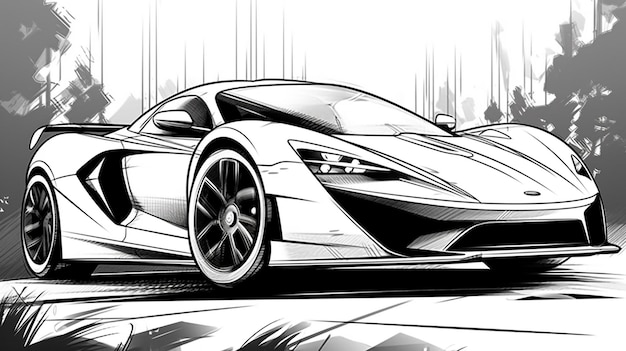 Foto een tekening van een supercar met een zwart-wit kleurenschema.