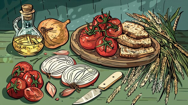 Een tekening van een tafel met een verscheidenheid aan voedingsmiddelen, waaronder tomatenbrood