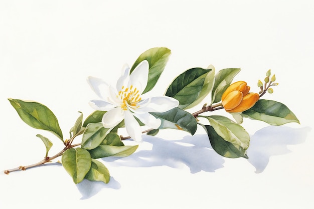 Een tekening van een tak van een witte bloem met het woord magnolia erop.
