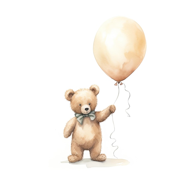 een tekening van een teddybeer die een ballon vasthoudt met een ballon op de achtergrond