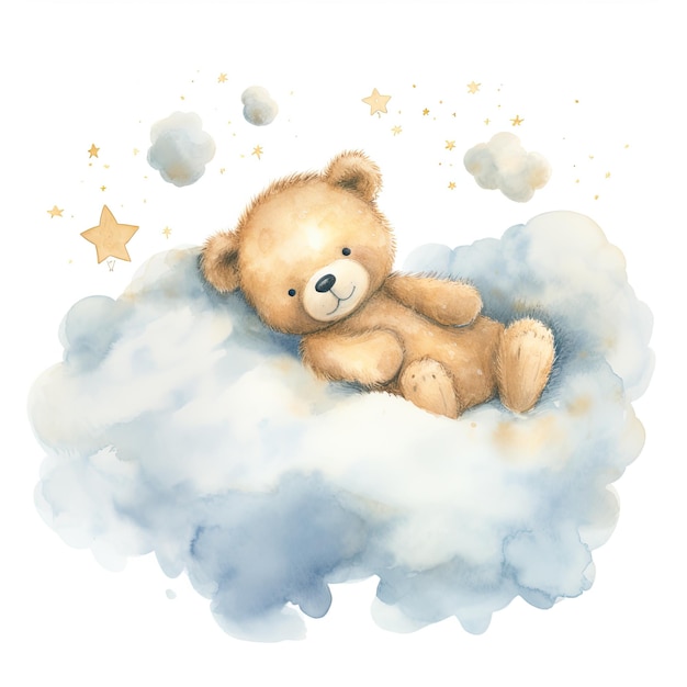 een tekening van een teddybeer in de wolken met sterren