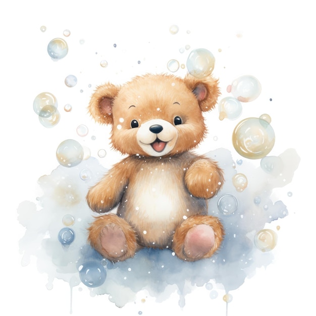 een tekening van een teddybeer met bubbels op de achtergrond