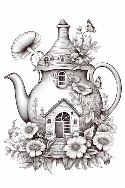 een tekening van een theepot met een huis en bloemen generatieve ai