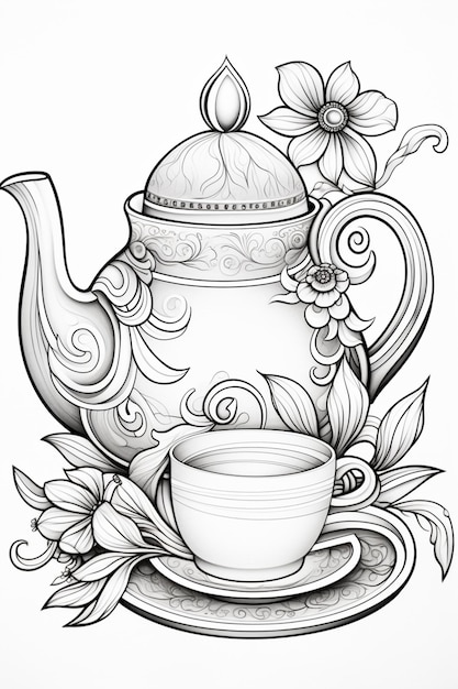 Foto een tekening van een theepot met een kopje thee op een schotel generatieve ai