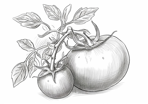 Een tekening van een tomaat en een tomaat