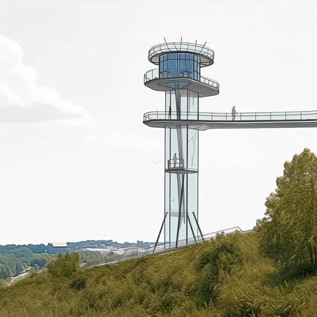 Een tekening van een toren met een brug op de achtergrond