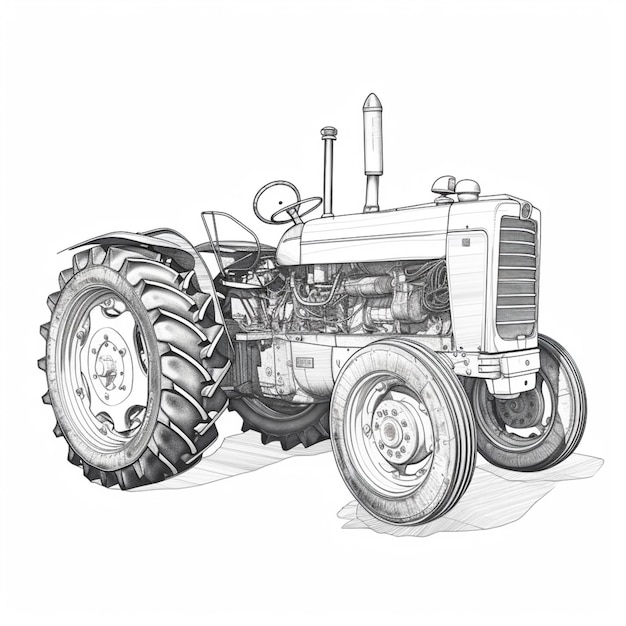 Een tekening van een tractor met een groot wiel en een grote band generatieve ai