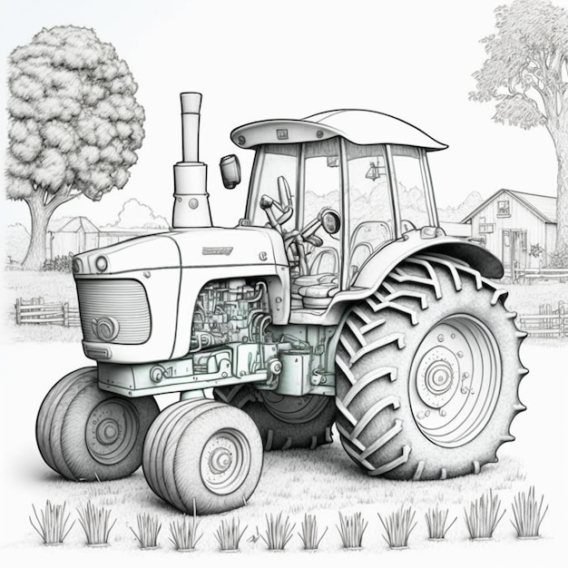 Een tekening van een tractor met een man voorop