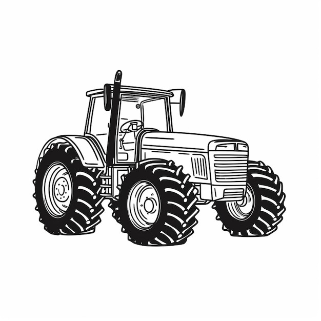 Een tekening van een tractor met grote banden op een witte achtergrond generatieve ai
