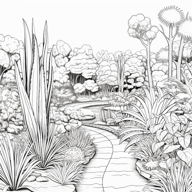 een tekening van een tuin met een pad en een vijver generatieve ai