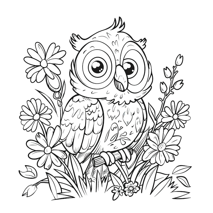 Foto een tekening van een uil met bloemen en een uil erop