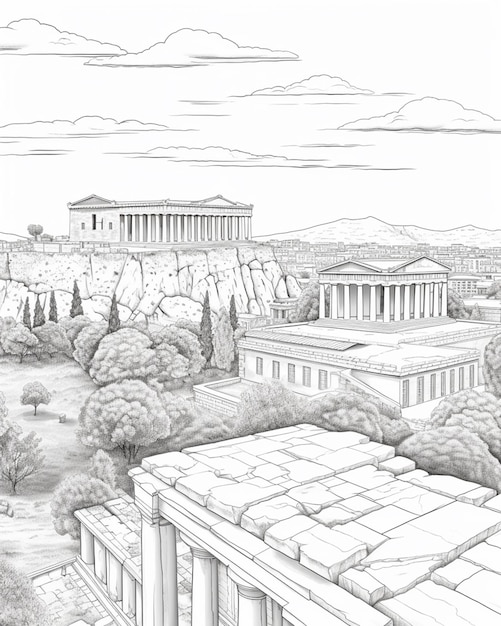 een tekening van een uitzicht op de acropolis en een deel van de acropolis generatieve ai
