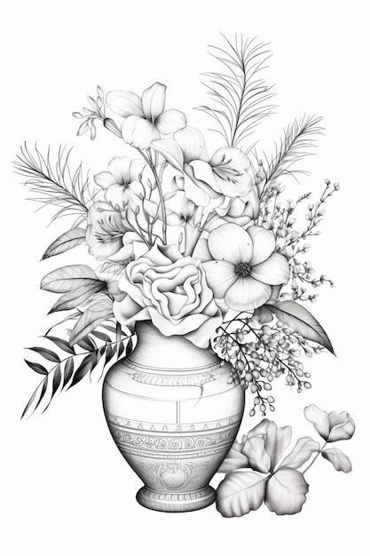 Foto een tekening van een vaas met bloemen en bladeren erin generatieve ai