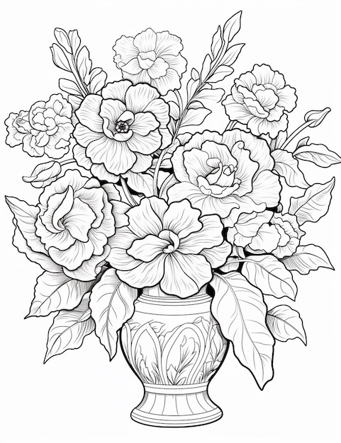 een tekening van een vaas met bloemen erin op een witte achtergrond generatieve ai