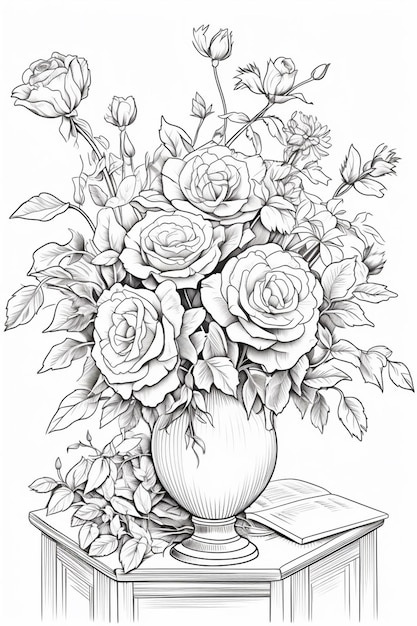 een tekening van een vaas met bloemen op een tafel generatieve ai