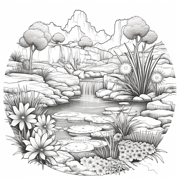 Een tekening van een vijver met bloemen en een waterval.